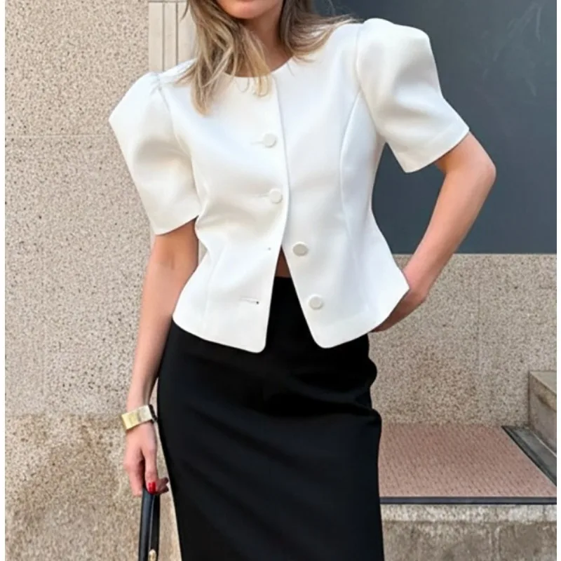 

2026 New Imitation Acetic Acid Commuting Versatile Short-sleeved Shirt Temperament Elegant Cardigan Top