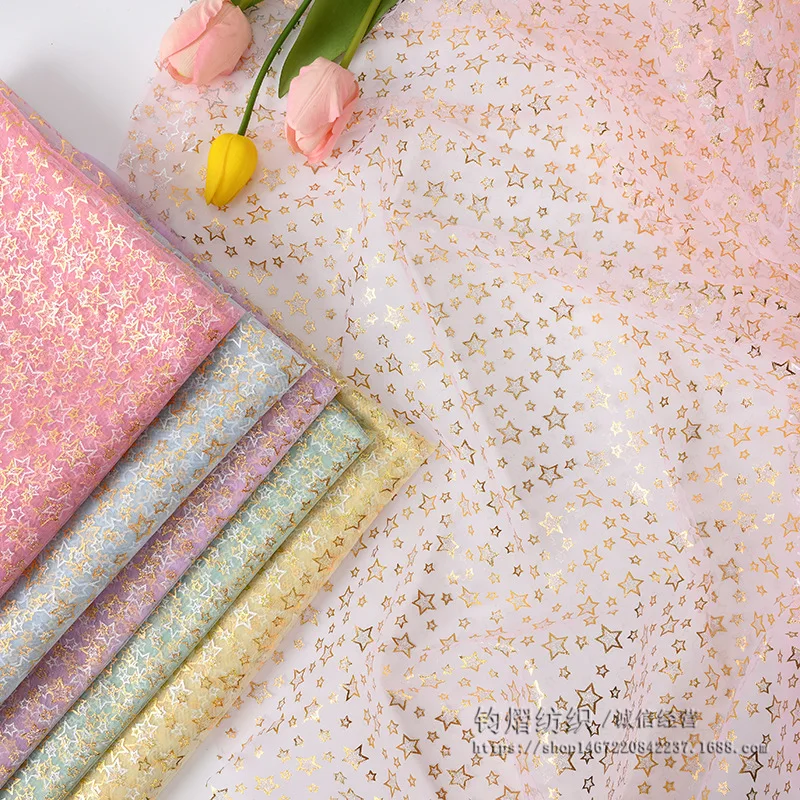 100x150cm Gold Bronzing Stars Tulle Organza Mesh Fabric DIY Handmade Girl Princess Doll Skirt Headband Garment Sewing Material