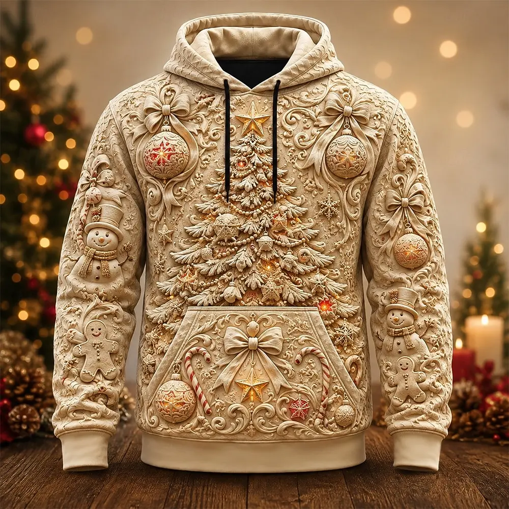 Men Unisex 3D Print Hoodie Embossed Style Deer Christmas Ornament Pullover Long Sleeve Casual Holiday Sweatshirt Winter Top