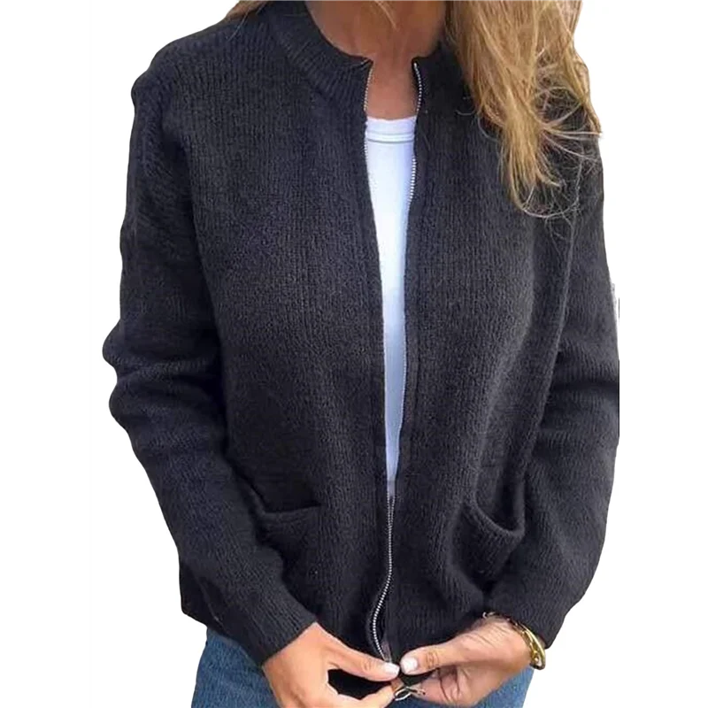 

ABBO-Women's Zip Up Knit Cardigan Long Sleeve Stand Collar Sweater Outwear Coat With Pockets