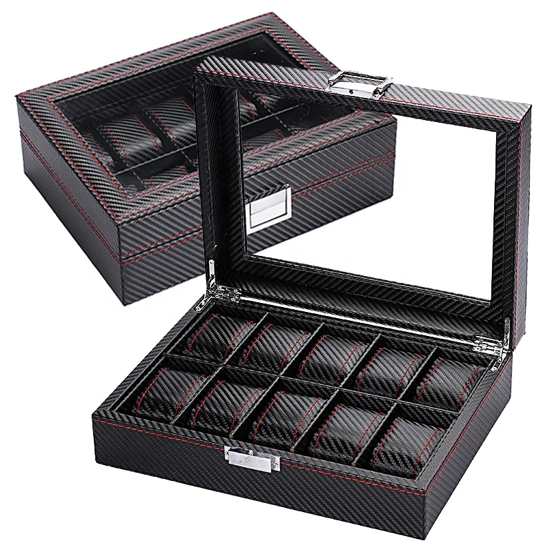 DELESYS 3/5/6/10/12 Slots Scratch-Proof  Carbon Fiber Leather Watch Box Carbonaceous Color Watch Storage Case With Clear Glass