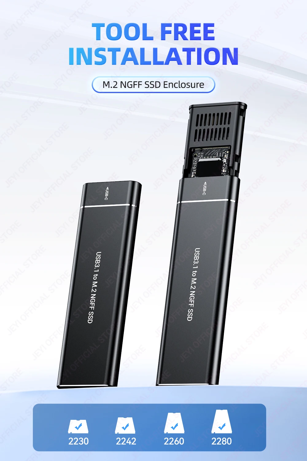JEYI USB 3.1 (5 Gbit/s) M.2 SATA SSD-Aluminiumgehäuse schläft automatisch nach 30 Minuten – unterstützt 2230-2280 SATA SSDs (B+M-Taste). – Detail 1