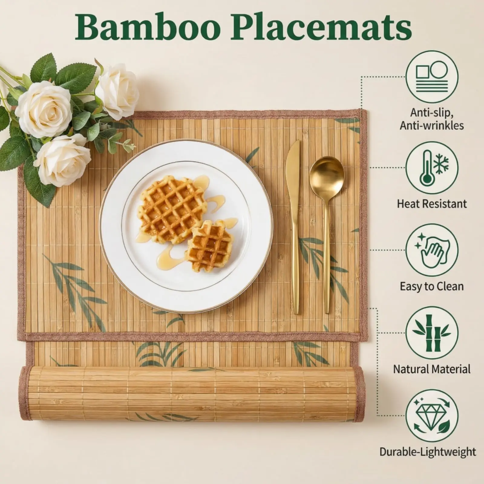 Bamboo Placemats,18x12 Inch Anti-Slip Table Mats,Heat Resistant Place Mats, Japanese Style Washable Placemats for Dining Kitchen