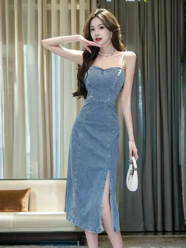 New Summer Women Slim Backless A-line Denim Slip Dress High Waist Mid Skirt Retro Sexy Club Jean Dresses Y2K Fashion Style