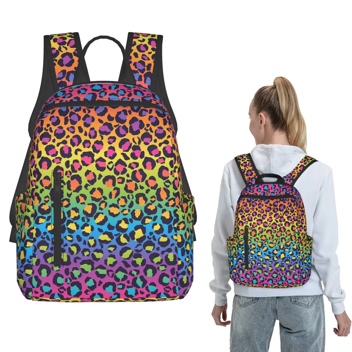 Bright Rainbow Ombre Gradient Leopard Print Pattern Backpack Daypack Boys Girls BookBag School Bag Shoulder Bags for Men Women