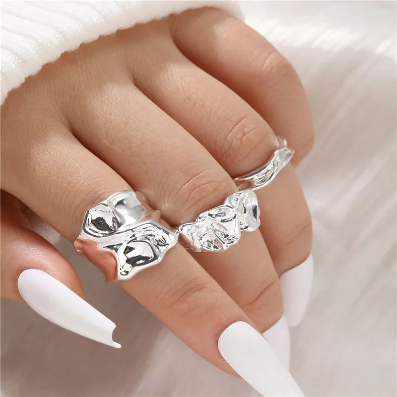 Punk 3pcs/set Chunky Irregular Cuff Rings for Women Geometric Adjustable Open Finger Nail Rings Fashion Statement Jewelry Girls