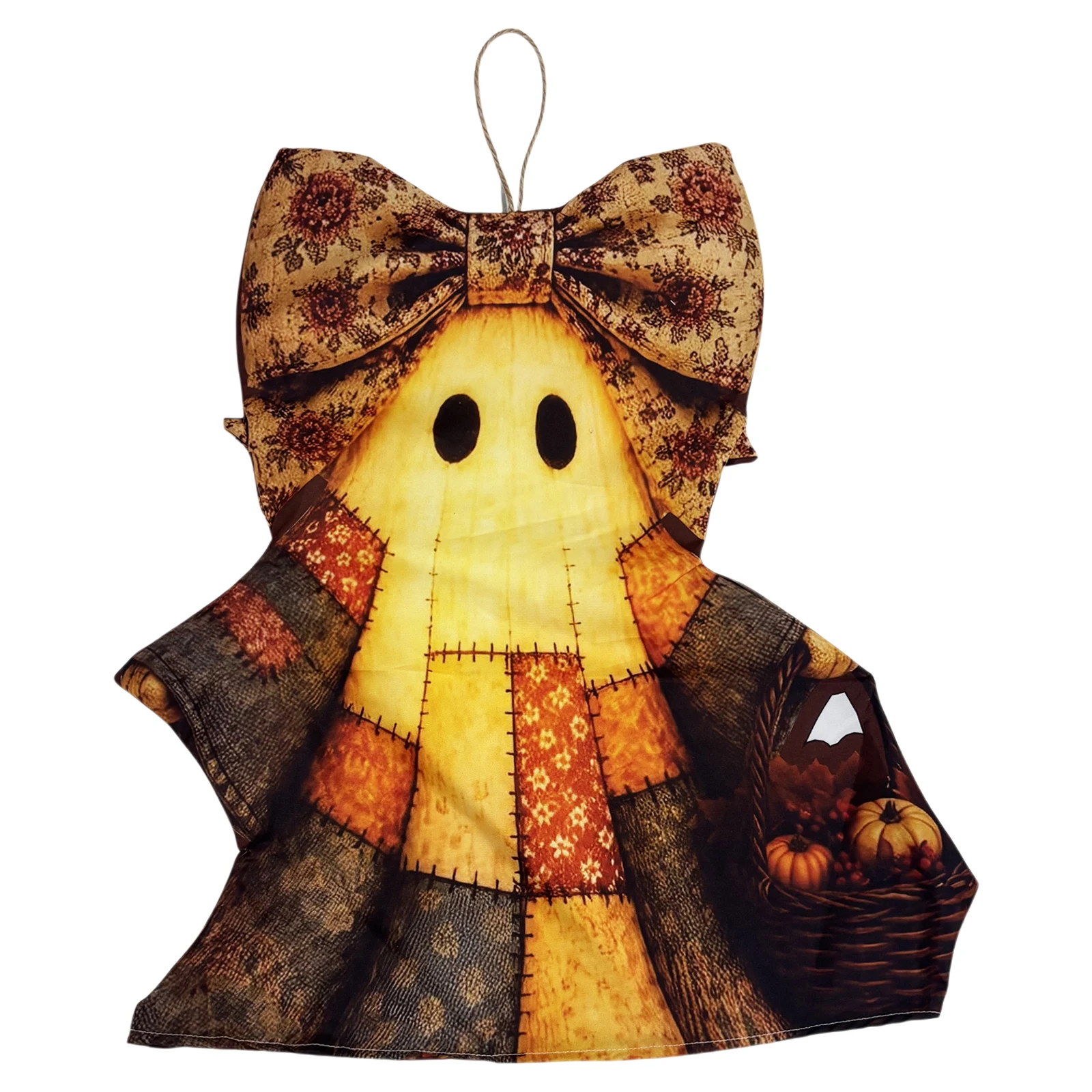 Vintage Patchwork Ghost Door Hanger Halloween Bow Warm LED Farmhouse Fall Autumn Decor 21x18in