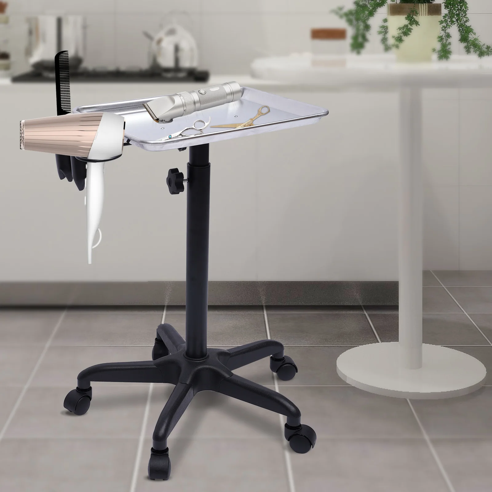 

Rolling Hair Salon Tray Cart with Tool Holder, Adjustable Height Hairdressing Station Barber Service Cart Storage Stand Salon