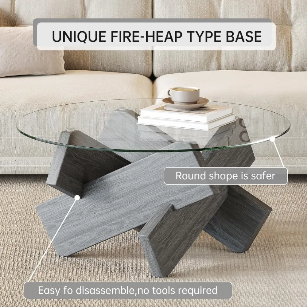 Modern Clear Glass Coffee Table 33-Inch Round Small Living Room Accent Table Suitable for Farmhouse and Contemporary Styles