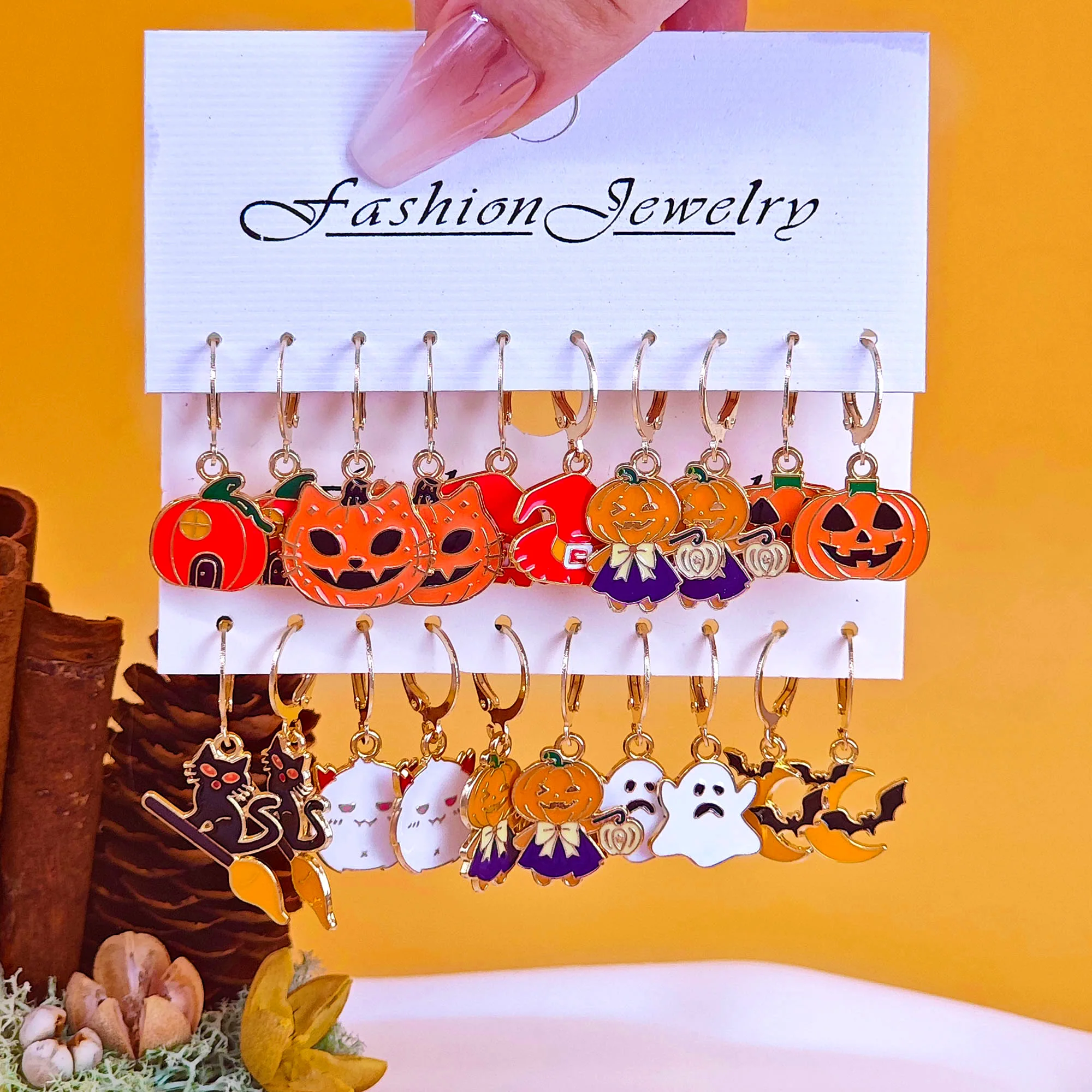 20pcs Halloween Art series earrings with horror alloy oil drop pumpkin bat spider web ghost earrings set for women