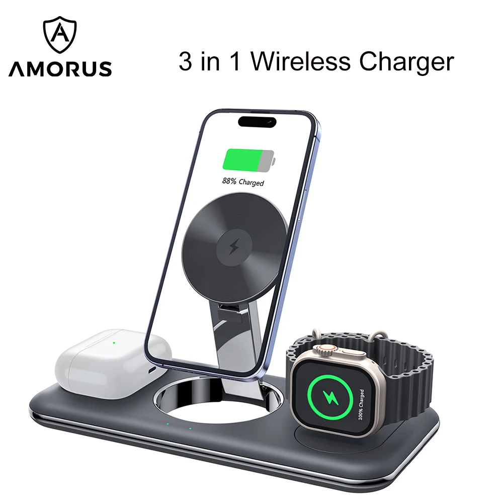 AMORUS 3-in-1 Magnetic Wireless Charger For Iphone 15 14 13 12 Iwatch Airpods  Folding Portable Cell Phone Charging Stand