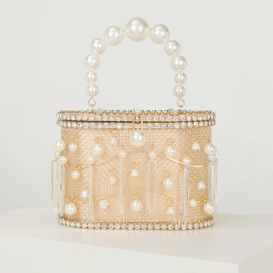 Alizekerr Diamond Tassel Evening Bags Women Gorgeous Unique Hollow Out Pearl Metal Cage Clutch Purses And Handbags Wedding Party