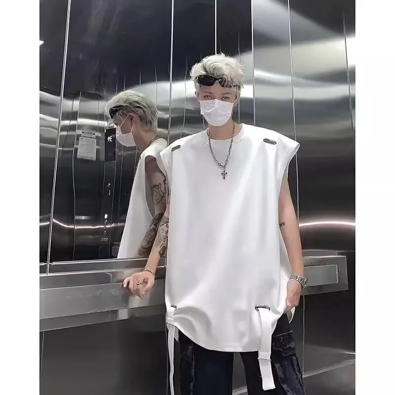 Summer Lace-Up Fringed Sleeveless Vest Men's Hong Kong Style Streetwear Biker Casual Top