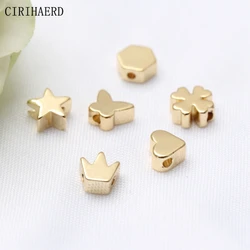 Cuentas sueltas de Latón chapado en oro de 14K/18K, accesorios de joyería DIY, corona de pentagrama de corazón de amor, mariposa, flores, cuentas espaciadoras hexagonales