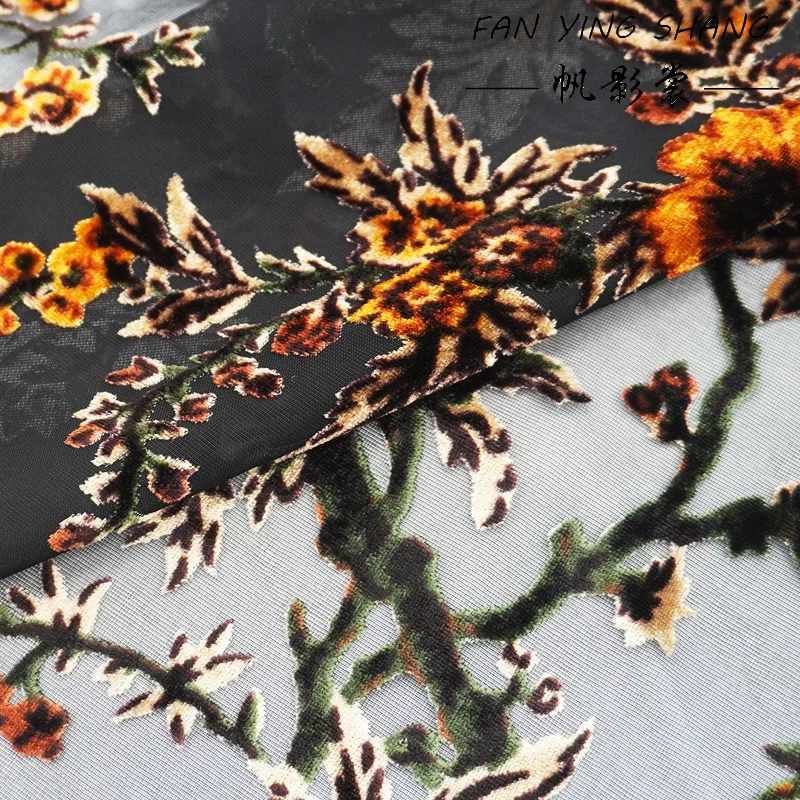 The Black Bottom Yellow Flower Burnt Out Velvet Fabric For Dress Telas Para Costura Tissus Couture ткань Cloth Material