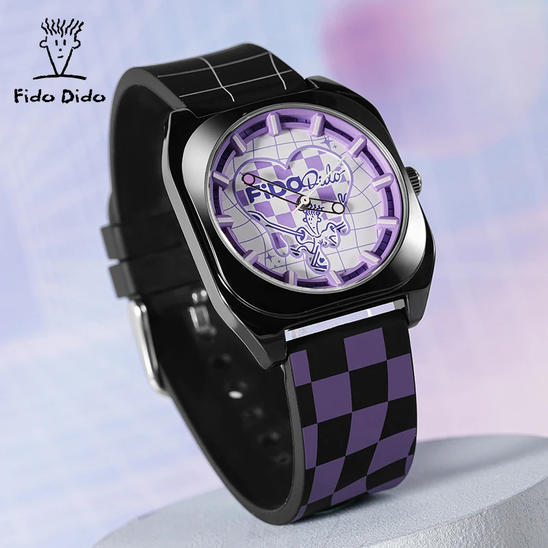 Fido Dido Dopamine Series 50M Waterproof Silicone Couple Watches Quartz Movement Street Retro Black Purple Sports FD2323-931