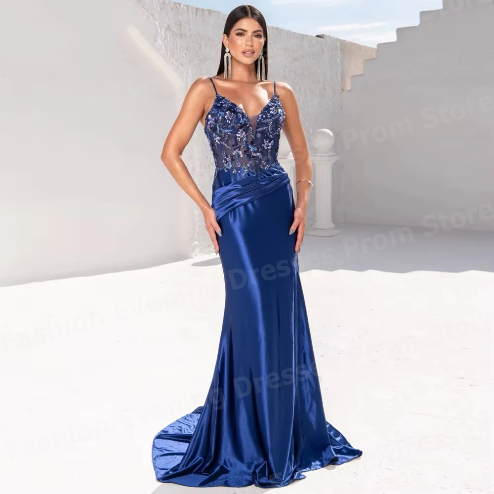 

Sexy Women Mermaid Evening Dresses Spaghetti Strap Prom Gowns Robe De Soirée Customized Sleeveless Appliques Vestidos Para Mujer