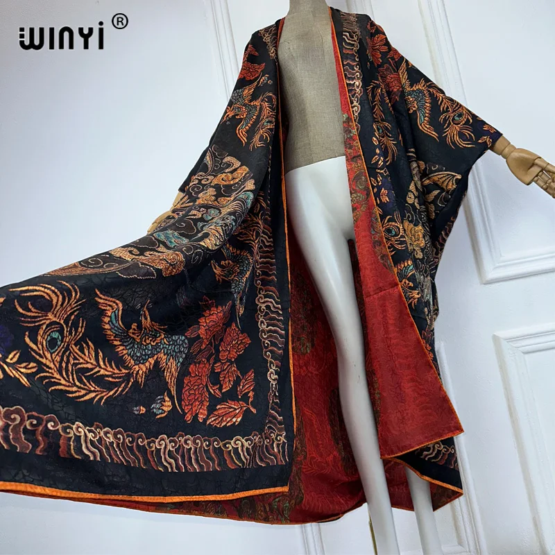 WINYI High quality double-sided print open abaya dubai luxury coat Beach Wear Cover up elegant muslim Cardigan kimono maxi dress