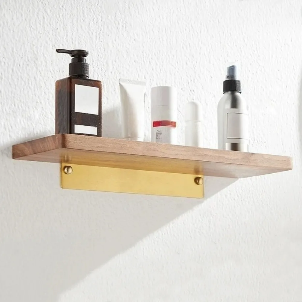 

Wall Mounted Walnut Wood Shelf with Mirror, Drilled Bathroom Storage Rack for Vanity Front Desk, Slim Minimalist Organizer Shelf