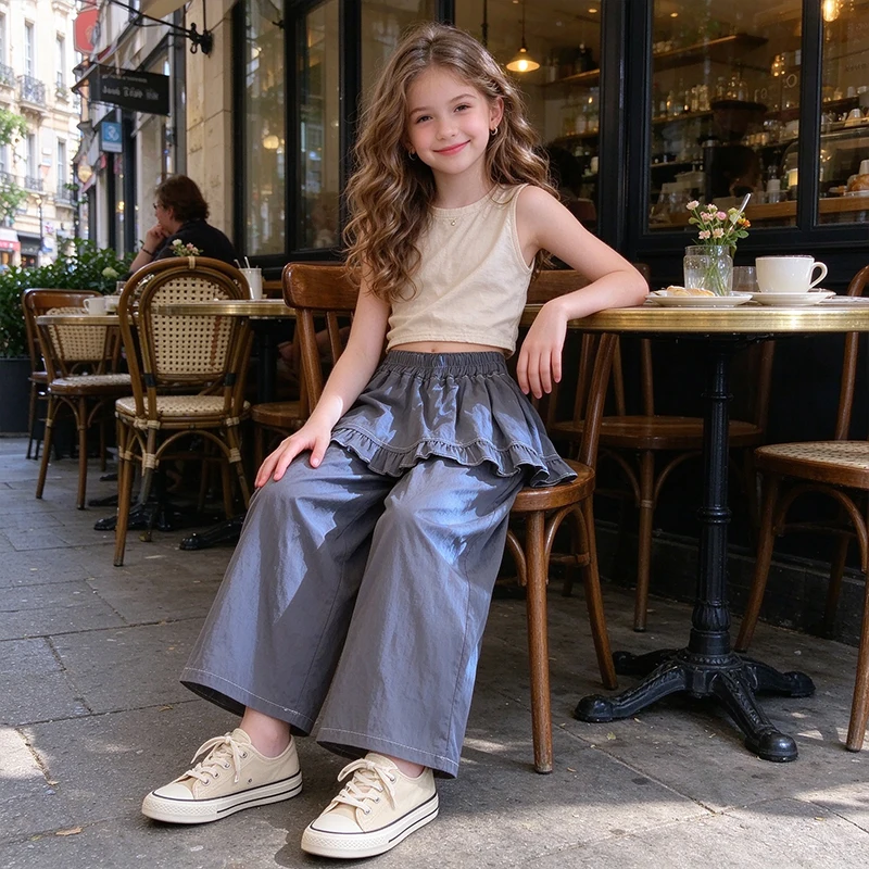 Girls Ruffle Layered Skirt Pants Kids Fake Two Piece Wide Leg Trousers Elastic Waist Loose Casual Pants for Spring Summer
