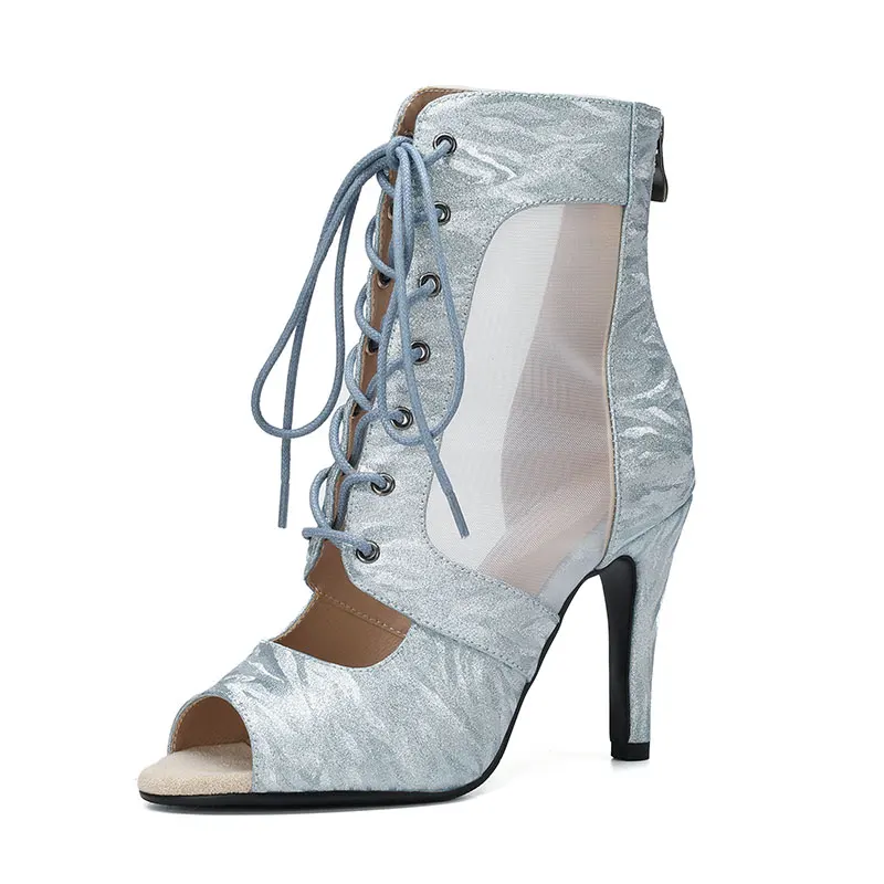 

Туфли для латинских джазовых танцев на тонком высоком каблуке, танцевальные туфли, сетчатые сандалии с открытым носком, блестящая специальная обувь, короткие сапоги