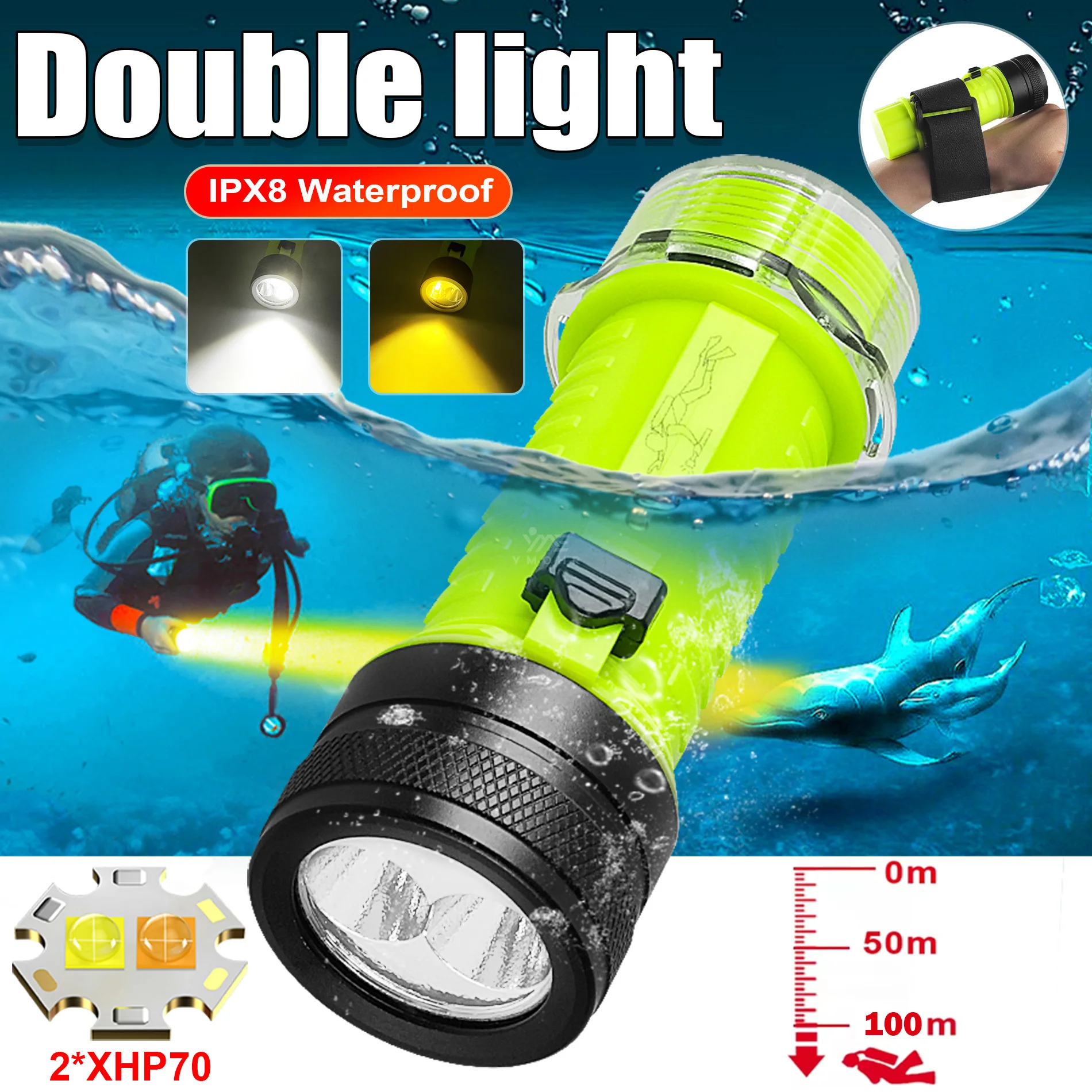 Dual Light XHP70 Dive Torch IPX8 Waterproof Professional Diving Flashlight 18650 Magnetic Slide Switch Rechargeable Scuba Lamp