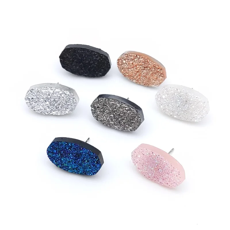 2022 Stainless Steel Stud Mini Resin Druzy Hexagon Oval Style Studs Earrings Fashion Famous Brand Designer Body Dress Jewelry