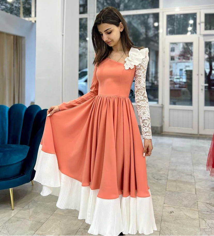 Santorini Contrast Prom Dresses 2023 Lace Long Sleeves فساتين مناسبة رسمية Ruched A Line Special Party Evening Vestidos De Noche