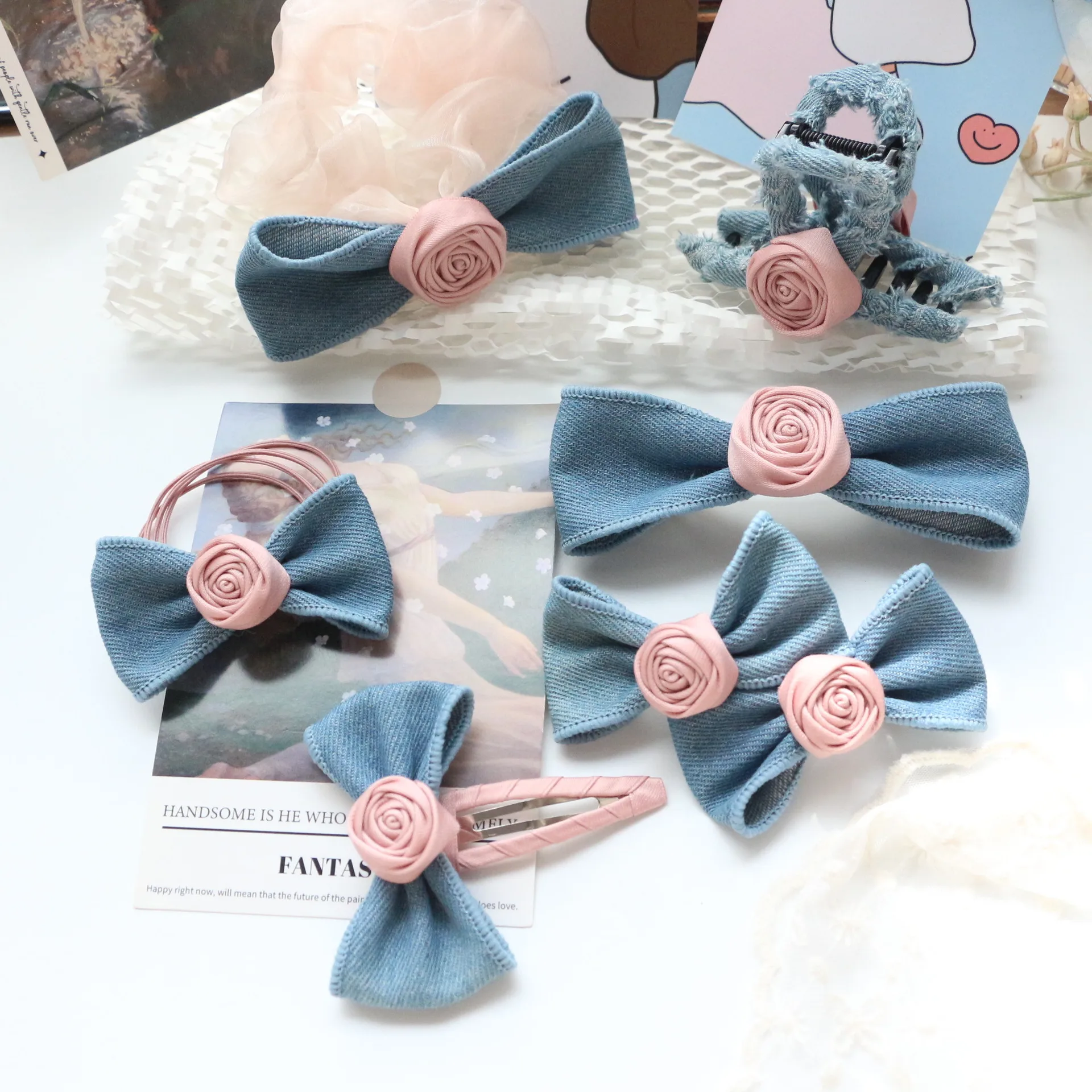 

6pcs Handcrafted Rose Bow Hairband for Girls Hairdress Children Women Ribbon Bow Hair Clip Kids Barrettes Denim Style Headwear