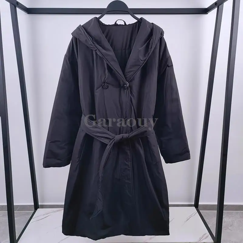 Garaoy 2024 Winter Women Hooded Double Breasted Mid Length Belt Parka Overcoat Female Loose Add Cotton Jacket Coats Warm Outwear