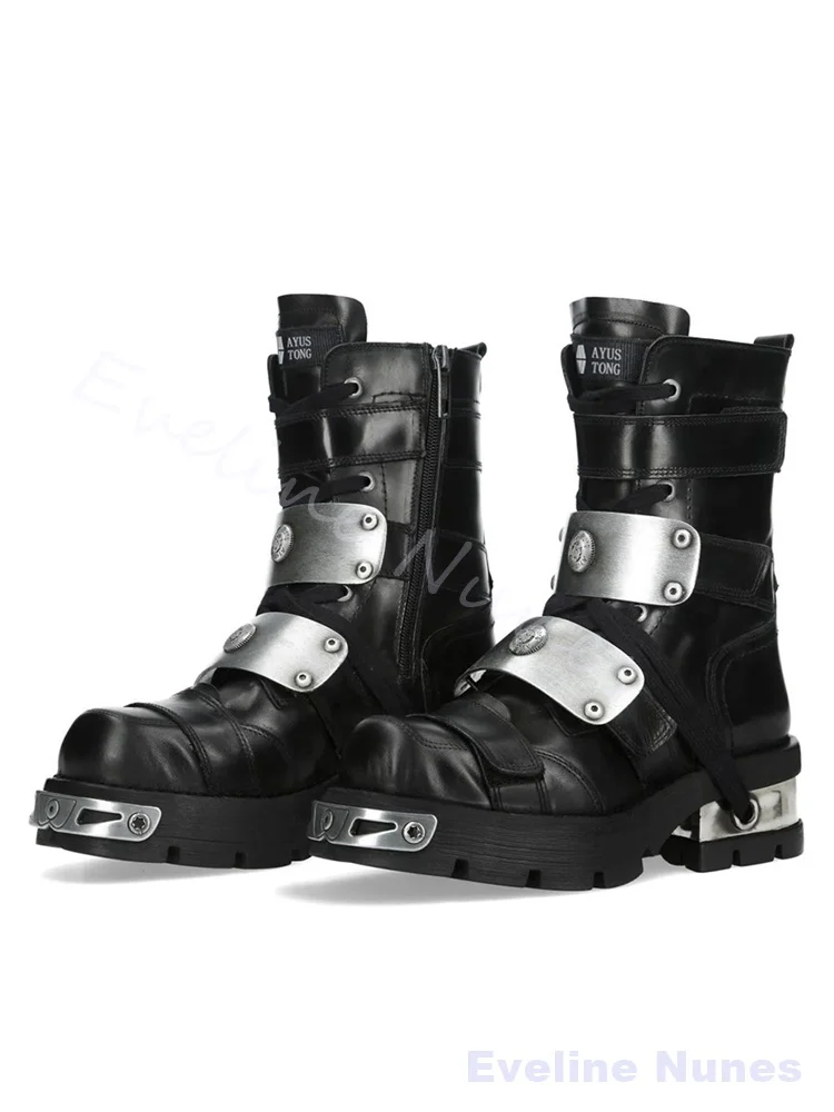 Cyberpunk Metal Plates Combat Boots Women Rivet Buckle Straps Platform Boots Gothic Industrial Punk Mid Calf Motorcycle Boots