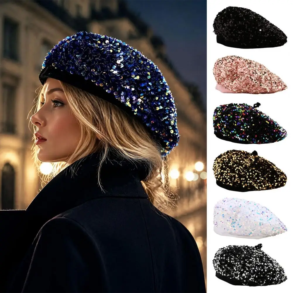 XPeople Sparkly Sequins Beret Hat Glitter Mermaid Cap for Dancing Party Fancy Dress Sequin Flapper Beret Costume Party Cap