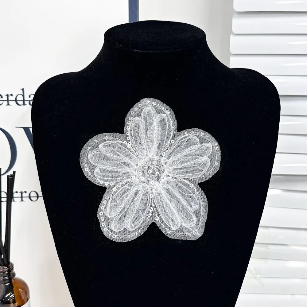 Fashion Mesh Lace Sequined 3D Organza Flowers Flower Bead Corsage 3D Organza Applique Wedding Dress Applique Wedding Dress view 5