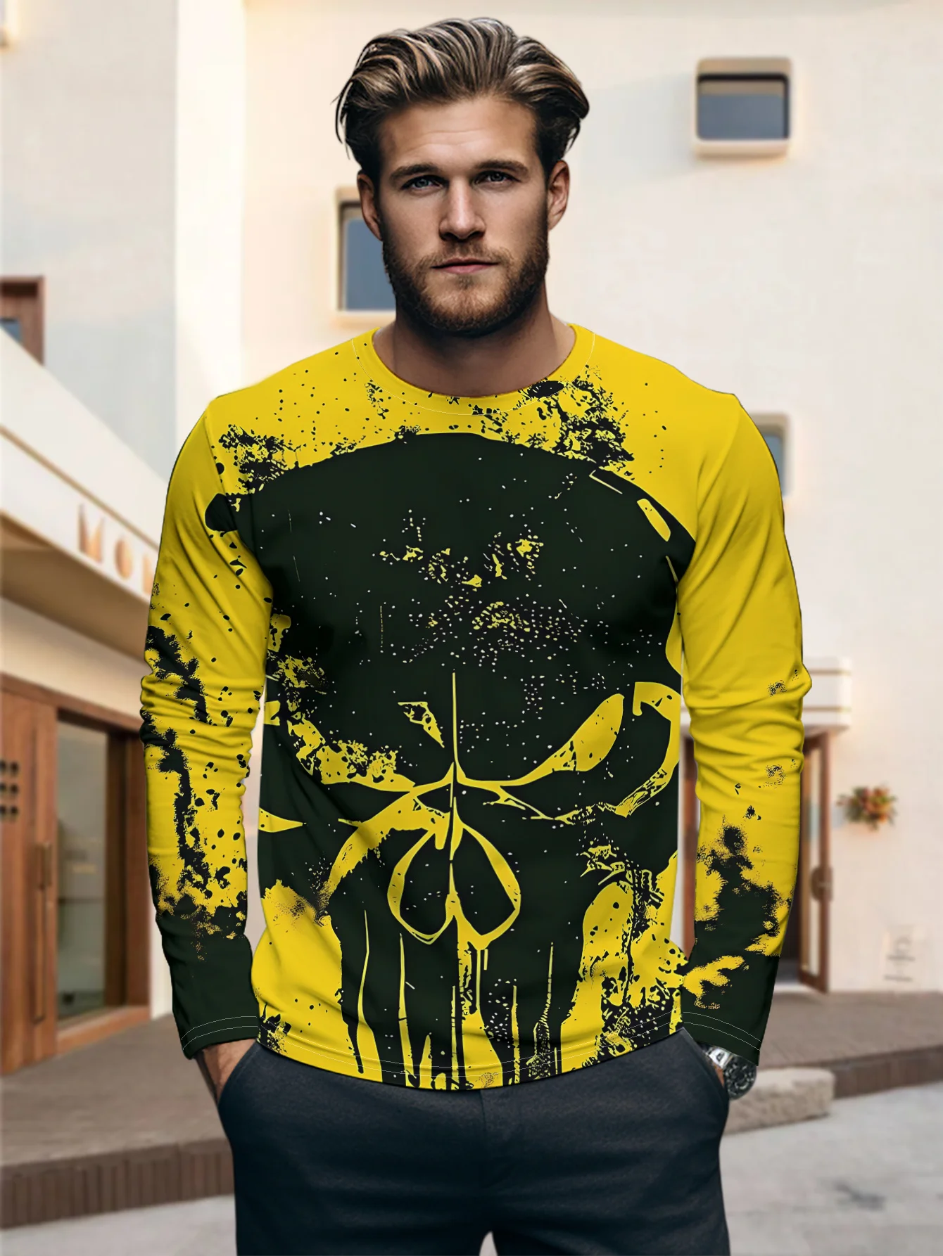 Men Halloween Yellow Black Splatter Skull Graphic Long Sleeve T‑Shirt 3D Print Crew Neck Casual Pullover Streetwear Tops