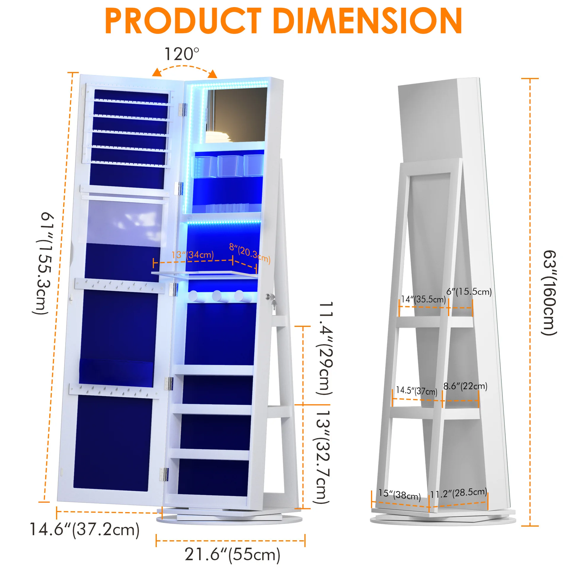 

360 ° rotating jewelry wardrobe, large-capacity LED cabinet, lockable mirror cabinet and storage rack