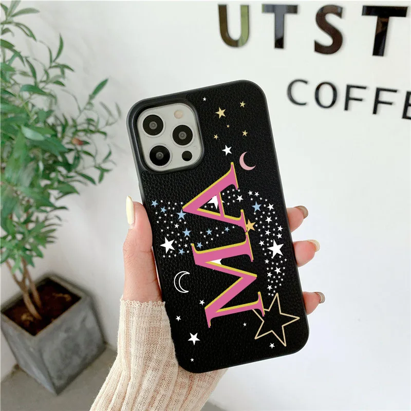 Personalised Initial Letters Luxury PU Leather Case for iphone 14 13 Pro Max 12 11 Pro Max XS XR 7 8 Plus SE Covers Moon & Stars