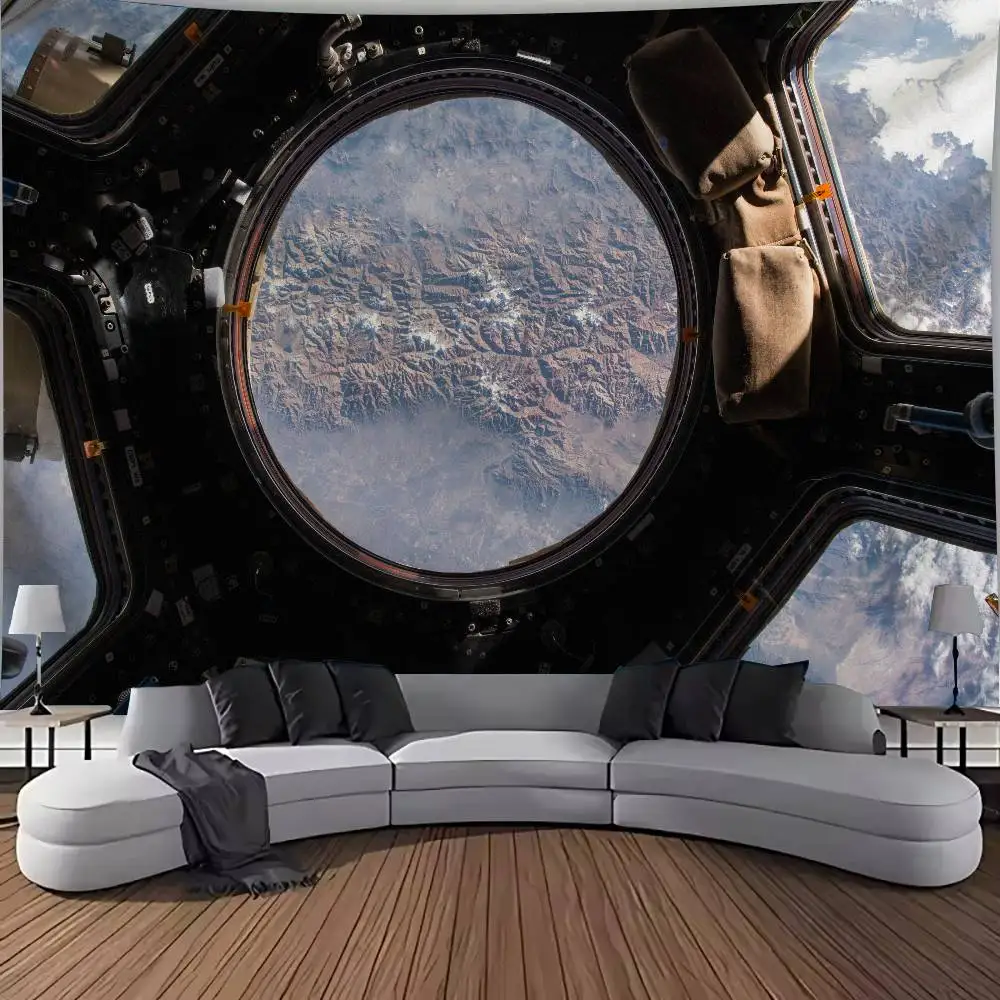 Space Station Window View Tapestry Planet Earth Mountain Landscape Outer Space Photo Background Cloth Astronomy Room Aesthetic