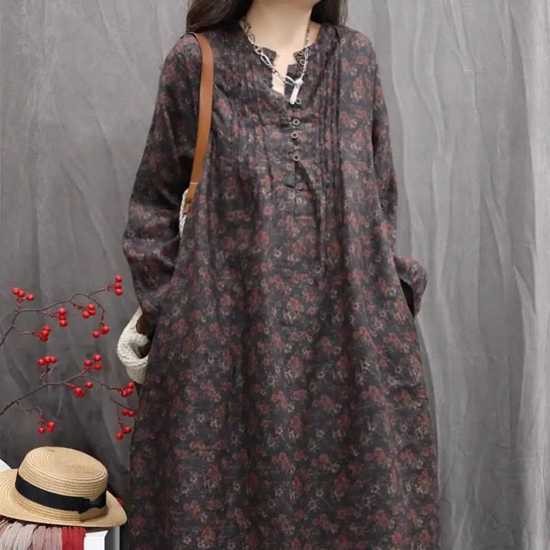 2026 Spring New Arts Style Women Long Sleeve O-neck Loose A-line Dress Vintage Print Cotton Linen Long Dresses High Quality M520