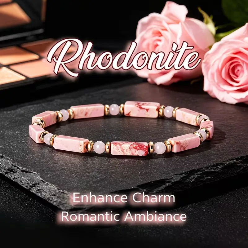 Rectangular Rhodonite & Rose Quartz Stretch Bracelet for Women Exquisite Elegant Stackable Wrist Bracelet Party Jewelry Gifts