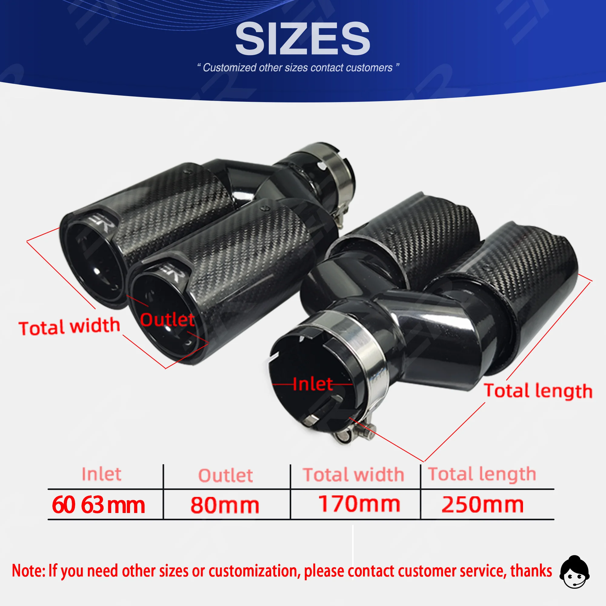 1Pcs Real Glossy Carbon Fiber Exhaust tips car accessories Double Outlet  Universal Stainless Steel Muffler modification