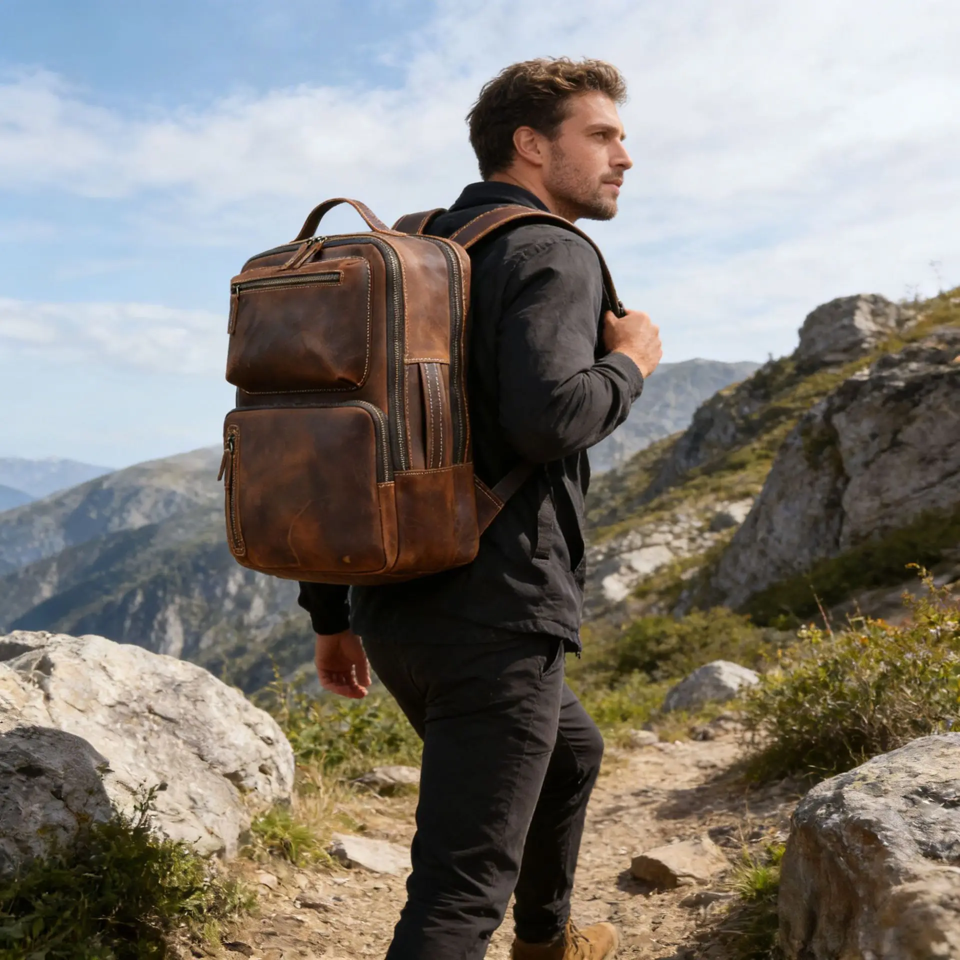 Crazy Horse Leather Double-shoulder Backpack, High-end Outdoor ,genuine Leather Laptop Bag