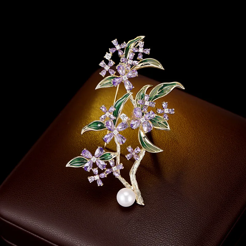 Light Luxury High-End Freshwater Pearl Osmanthus Brooch Micro Inlaid Zircon Elegant Versatile Coat Jacket Brooch for Women