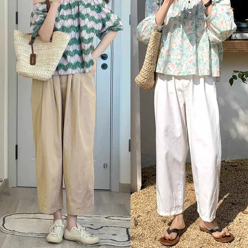 

2024 New Arrival Summer Korean Style All-matched Women Ankle-length Pants Casual Loose Elastic Wais Cotton Harem Pants V901