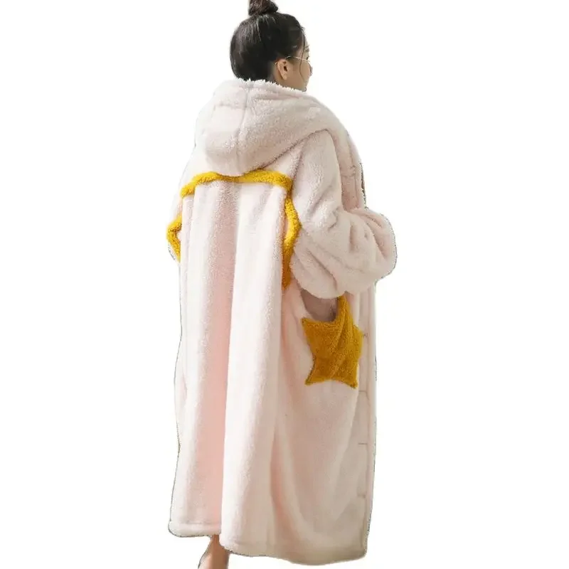 250719003 Winter Women\'s Warm Robe Coat With Pocket Flannel Plush Bathrobe Striped Long Sleeve Gown Pajamas For Women Sleep Tops