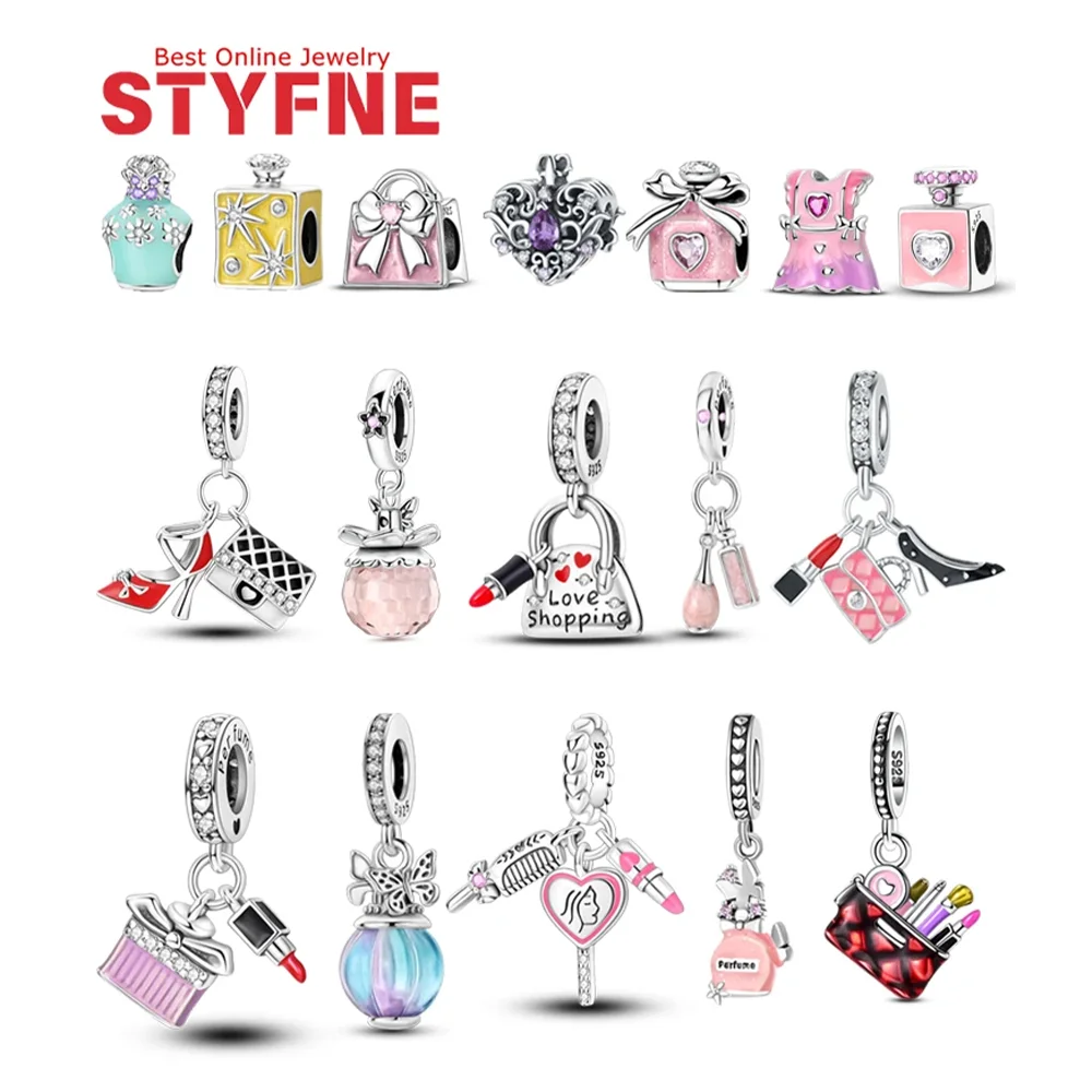 

925 Silver Charms Bow Perfume Beads Bag High Heels Cosmetic Lipstick Pendant Fit Women Diy Original Bracelet Jewelry Gift Making
