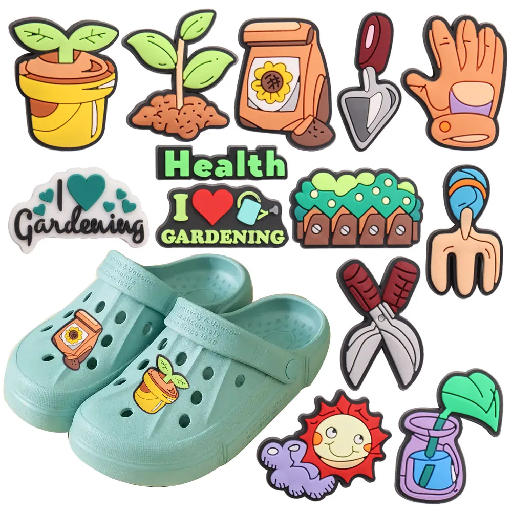 13Pcs Cartoon Gardening Health Potted Plant Gloves Shovel Scissors Fertilizer PVC Shoe Charms Sandals Shoes Accessories Kid Gift