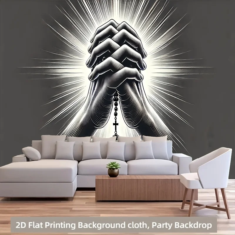 2D Flat, Praying Hands Tapestry Religious Wall Hanging Spiritual Home Decor Faith Symbol Black and White Design