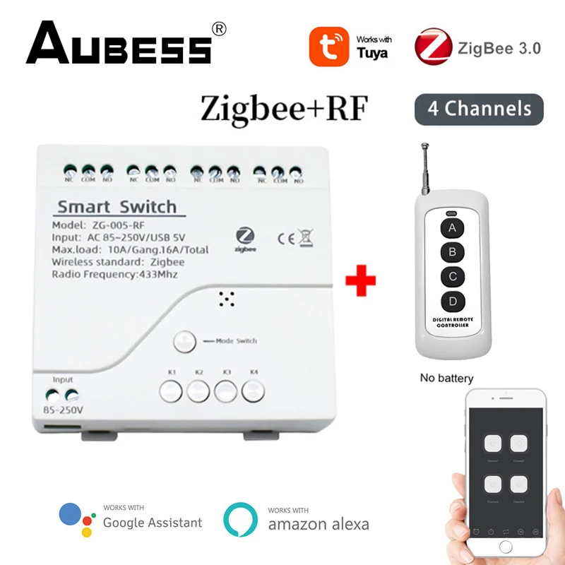 Tuya Zigbee Smart Switch Module RF433 Wireless Control 4 Channel Relay Smart Home Work with Smart Life Alexa Google Assistant