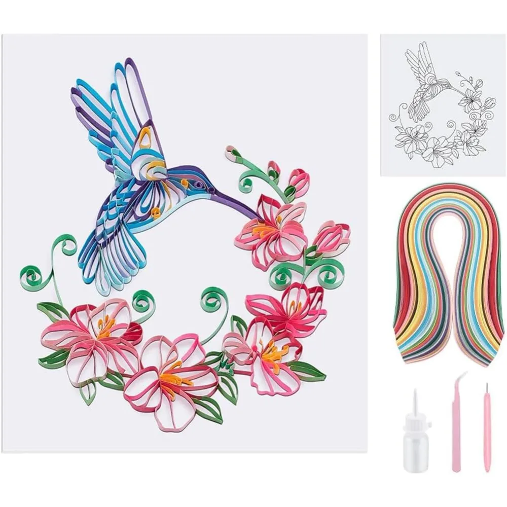 Kit de filigrana de papel, herramienta para filigrana de flores y colibríes con proveedor de tiras de papel 240, tablero de plantilla para filigrana, juego de manualidades DIY