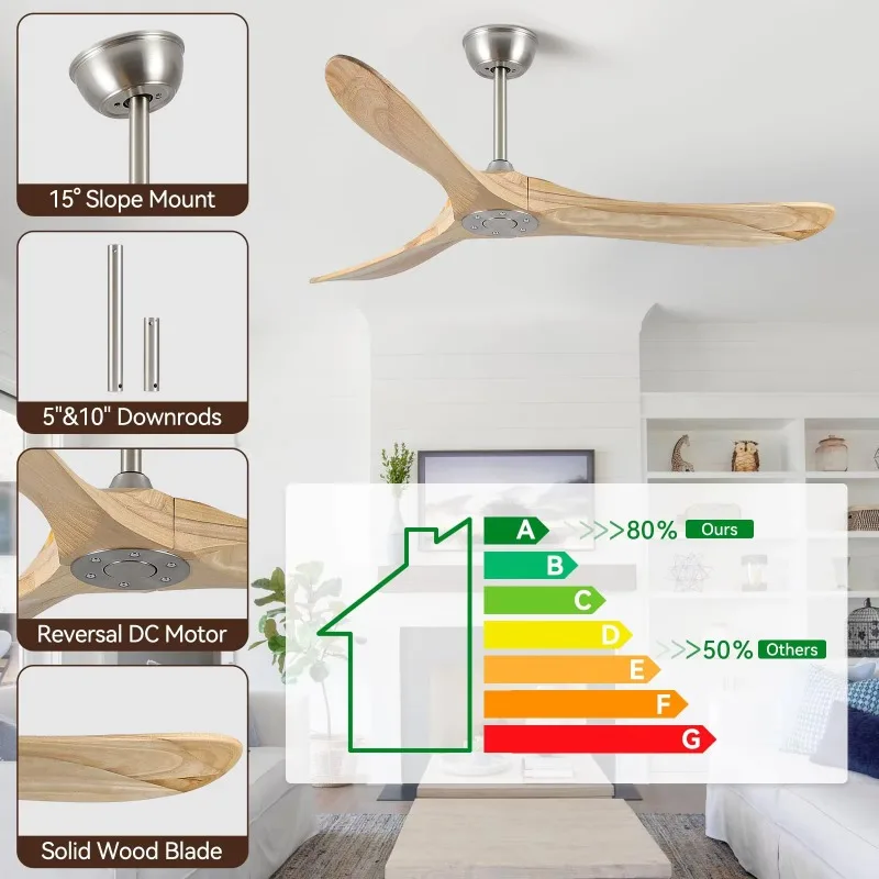 60 Inch Large Size Ceiling Fan Light Nickel Color Solid Wood Remote Control Living Room Dining Room Ceiling Fan with Light
